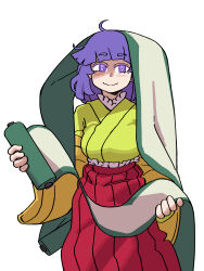 Rule 34 | 1girl, absurdres, ahoge, blunt bangs, closed mouth, commentary, eddybird55555, english commentary, green kimono, hieda no akyuu, high-waist skirt, highres, holding, holding scroll, japanese clothes, kimono, looking at viewer, purple hair, red skirt, ringed eyes, scroll, short hair, simple background, skirt, smile, solo, touhou, white background, wide sleeves