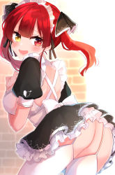 Rule 34 | 1girl, absurdres, alternate costume, anfuji uiro, ass, blush, breasts, commentary request, enmaided, hair ribbon, heterochromia, highres, hololive, houshou marine, large breasts, long hair, looking at viewer, looking back, maid, open mouth, red eyes, red hair, ribbon, smile, solo, thighhighs, twintails, virtual youtuber, yellow eyes