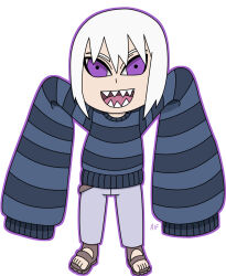 Rule 34 | aj, alternate costume, belt, grey pants, hoozuki suigetsu, large sleeves, looking at viewer, naruto (series), naruto shippuuden, open mouth, pants, pixiv, pixiv id, sandals, sharp teeth, simple background, sleeves past fingers, sleeves past wrists, smile, spiked hair, straight-on, striped clothes, striped sweater, sweater, teeth, white background