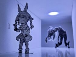 Rule 34 | 1girl, 1other, animal ears, constricted pupils, eldritch abomination, hallway, highres, hololive, horror (theme), jqhnharqld, monster, off shoulder, rabbit ears, rabbit girl, rabbit tail, scared, tail, usada pekora, usada pekora (1st costume), virtual youtuber