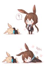 Rule 34 | 1girl, :&gt;, ?, absurdres, amiya (arknights), animal ears, arknights, black jacket, black pantyhose, blue eyes, blue skirt, blush stickers, brown hair, chibi, commentary, hair between eyes, highres, honyang, jacket, long hair, long sleeves, low ponytail, lying, multiple views, on stomach, pantyhose, parted lips, rabbit ears, rabbit tail, shadow, shirt, simple background, skirt, smile, spoken question mark, standing, stuffed animal, stuffed rabbit, stuffed toy, tail, translation request, very long hair, white background, white shirt