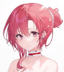Rule 34 | 1girl, absurdres, armpit crease, azur lane, bare shoulders, black prince (azur lane), black prince (pop the cork) (azur lane), blush, choker, closed mouth, collarbone, commentary, earrings, flower, hair between eyes, hair bun, hair flower, hair ornament, hair over shoulder, highres, jewelry, kabi (zcwd8845), looking at viewer, pink hair, portrait, purple eyes, red choker, sidelocks, simple background, single hair bun, smile, solo, white background