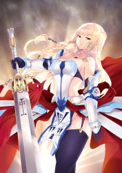 Rule 34 | 1girl, armor, bare shoulders, blonde hair, blue eyes, braid, breasts, cait aron, cape, cleavage, gloves, highres, large breasts, long hair, original, solo, sword, thighhighs, weapon