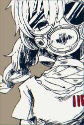 Rule 34 | 1girl, bandaged neck, bandages, braid, brown background, chromatic aberration, commentary request, covered face, gas mask, greyscale with colored background, half-closed eyes, hatching (texture), head tilt, long hair, looking at viewer, mask, moronaromo, number print, one eye covered, q (vocaloid), shirt, short sleeves, simple background, solo, spot color, tinted eyewear, torn clothes, torn shirt, upper body, vocaloid