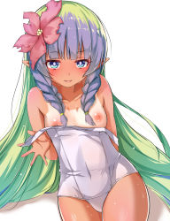 Rule 34 | 1girl, :p, ameth (princess connect!), aono (f i s), arm behind back, bare arms, bare shoulders, blue eyes, blunt bangs, blush, braid, breasts, closed mouth, clothes pull, collarbone, covered navel, flower, gradient background, green hair, hair flower, hair ornament, highres, long hair, looking at viewer, nipples, one-piece swimsuit, one-piece swimsuit pull, pink flower, pointy ears, princess connect!, pulling own clothes, purple hair, school swimsuit, shadow, side braids, sidelocks, simple background, small breasts, smile, solo, swimsuit, tan, tanline, tongue, tongue out, twin braids, very long hair, wet, white background, white one-piece swimsuit, white school swimsuit