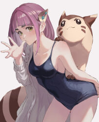Rule 34 | 1girl, 1other, absurdres, breasts, cleavage, competition swimsuit, creatures (company), furret, game freak, gen 2 pokemon, highres, jojobirdz, lacey (pokemon), looking at viewer, medium breasts, nintendo, one-piece swimsuit, pink hair, pokemon, pokemon sv, simple background, swimsuit, white background, yellow eyes