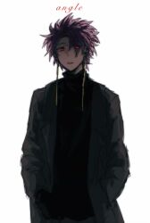 Rule 34 | 1boy, black gloves, black sweater, coat, earrings, english text, engrish text, eyes visible through hair, gloves, grey coat, hand in pocket, highres, jewelry, long sleeves, looking at viewer, male focus, open clothes, open coat, open mouth, purple hair, ranguage, red eyes, saibou shinkyoku, simple background, sketch, solo, sweater, theodore riddle, turtleneck, turtleneck sweater, upper body, white background, zhuyi36063