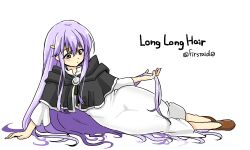 Rule 34 | 1girl, absurdly long hair, black cloak, circlet, cloak, dress, fire emblem, fire emblem: genealogy of the holy war, full body, hair focus, hand on floor, holding own hair, julia (fire emblem), long hair, lying, nintendo, on side, purple eyes, purple hair, simple background, solo, very long hair, white background, yukia (firstaid0)