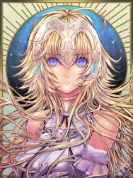 Rule 34 | 1girl, absurdres, aosuna, blonde hair, blue eyes, breasts, breasts apart, chain, detached sleeves, fate/apocrypha, fate (series), floating hair, gauntlets, hair between eyes, headpiece, highres, jeanne d&#039;arc (fate), jeanne d&#039;arc (ruler) (fate), jeanne d&#039;arc (third ascension) (fate), large breasts, long hair, looking at viewer, solo, sparkle, upper body, very long hair, white sleeves