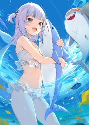 Rule 34 | 1girl, :d, animal, armpit crease, bare arms, bare shoulders, bikini, bikini skirt, bloop (gawr gura), blue eyes, blue sky, crotch seam, day, hugging doll, fish, fisheye, frilled bikini, frills, gawr gura, groin, highres, hololive, hololive english, icomochi, long hair, looking at viewer, midriff, multicolored hair, navel, hugging object, ocean, one side up, open mouth, outdoors, partially submerged, partially underwater shot, shark, sharp teeth, silver hair, sky, smile, solo, stomach, stuffed animal, stuffed shark, stuffed toy, swimsuit, teeth, thighs, two-tone hair, underwater, virtual youtuber, wading, water, white bikini