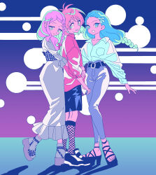 Rule 34 | 3girls, bad id, bad twitter id, belt, black belt, blue eyes, blue hair, character request, closed mouth, collared shirt, copyright request, dress, fishnet socks, fishnets, full body, grey dress, grey pants, high heels, highres, hug, hug from behind, long hair, long sleeves, looking at viewer, looking down, low-braided long hair, low-tied long hair, multiple girls, open mouth, pants, pink hair, platform footwear, sandals, shirt, short hair, smile, socks, standing, white shirt, zashima
