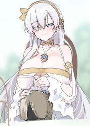Rule 34 | 1girl, akitokage, alternate breast size, anastasia (fate), blue eyes, blue nails, breasts, cleavage, cup, doll, dress, fate/grand order, fate (series), hairband, huge breasts, jewelry, long hair, nail polish, pendant, silver hair, smile, strapless, strapless dress, teacup, viy (fate)