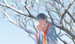 Rule 34 | 1boy, bare tree, blue hair, blue kimono, blue sky, blue sleeves, breath, bud, clip studio paint (medium), commentary, commission, day, english commentary, flower, japanese clothes, kimono, kuwagatata, long sleeves, looking at hand, male focus, original, outdoors, own hands clasped, own hands together, parted lips, pink flower, short hair, sky, snow, solo, tree, upper body, wide sleeves, winter, yellow eyes
