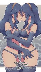 Rule 34 | 2girls, asymmetrical docking, blue bra, blue gloves, blue hair, blue panties, blue thighhighs, blush, bra, breast press, breasts, cleavage, closed eyes, commentary, commission, elbow gloves, english commentary, fire emblem, fire emblem awakening, from side, gloves, hairband, highres, lamb-oic029, long hair, lucina (fire emblem), medium breasts, multiple girls, nintendo, panties, profile, selfcest, signature, skeb commission, standing, thighhighs, underwear, underwear only, yellow hairband, yuri
