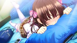 Rule 34 | 1girl, ^ ^, amano rei, bag, blush, brown hair, cellphone, closed eyes, closed eyes, game cg, hair ribbon, happy, indoors, long hair, lying, nironiro, no shoes, hugging object, on bed, on stomach, phone, pillow, pillow hug, pleated skirt, ren&#039;ai phase, ribbon, school bag, school uniform, skirt, solo, thighhighs, usume shirou, zettai ryouiki