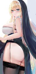 Rule 34 | 1girl, absurdres, ass, black thighhighs, blonde hair, blue eyes, breasts, cleavage cutout, clothes lift, clothing cutout, cover, curvy, dress, dress lift, frills, garter straps, headdress, highres, large breasts, looking at viewer, looking back, lshiki, nun, original, solo, thick thighs, thighhighs, thighs