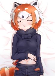 Rule 34 | 1girl, animal ears, arm at side, arm rest, black bow, black hair, black sweater, bow, bowtie, buttons, closed mouth, clothes lift, colored inner hair, cowboy shot, highres, kemono friends, kemono friends 2, lesser panda (kemono friends), lifted by self, long sleeves, lying, medium hair, midriff peek, multicolored hair, navel, on back, orange hair, parted lips, piki (zuru-pikio), red panda ears, red panda girl, red panda tail, shirt lift, shorts, sleeping, solo, stomach, striped, striped tail, sweater, tail, white hair