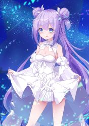 Rule 34 | 1girl, :d, absurdres, armpits, azur lane, blue eyes, blurry, bow, bowtie, breasts, cleavage, clothes lift, collarbone, commentary request, depth of field, detached collar, detached sleeves, double bun, dress, dress lift, galaxy, hair between eyes, hair bun, highres, leer.meer, lifted by self, long hair, looking at viewer, night, night sky, official alternate costume, open mouth, purple hair, sidelocks, sky, smile, solo, star (sky), starry sky, unicorn (angelic night) (azur lane), unicorn (azur lane), unicorn (little star songstress) (azur lane), white dress