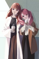 Rule 34 | 2girls, :o, alternate costume, black shirt, black skirt, brown eyes, brown jacket, brown skirt, celica (fire emblem), coffee cup, cup, disposable cup, earrings, fire emblem, fire emblem echoes: shadows of valentia, head tilt, highres, holding, holding cup, jacket, jewelry, long hair, looking to the side, mae (fire emblem), multiple girls, nintendo, open mouth, orange hair, pink hair, shirt, skirt, sleeves past wrists, steam, twintails, white jacket, white shirt, yama0109