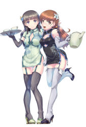 Rule 34 | 10s, 2girls, alternate costume, alternate hairstyle, aqua dress, bare shoulders, black dress, black eyes, black gloves, black hair, black legwear, braid, breasts, brown eyes, brown hair, china dress, chinese clothes, cleavage cutout, clothing cutout, cup, detached sleeves, dress, elbow gloves, floral print, flower, full body, garter straps, gloves, hair down, hair flower, hair ornament, hand on another&#039;s shoulder, hi-ho-, high heels, highres, kantai collection, kitakami (kancolle), knees together feet apart, long hair, looking at viewer, medium breasts, multiple girls, ooi (kancolle), open mouth, ponytail, short dress, side slit, smile, standing, standing on one leg, teacup, teapot, thighhighs, thighs, tongue, tray, twin braids, waitress, white gloves, white legwear