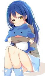 Rule 34 | 1girl, bad id, bad twitter id, blue hair, blush, closed mouth, dorisu2, hair between eyes, highres, long hair, looking at viewer, love live!, love live! school idol festival, love live! school idol project, hugging object, pajamas, pout, simple background, sitting, smile, solo, sonoda umi, stuffed animal, stuffed toy, whale shark, white background