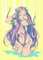 Rule 34 | 1girl, aphrodite (hades), armlet, bracelet, breasts, closed mouth, gold bracelet, hades (series), hades 1, hair censor, highres, jewelry, kotatsu (g-rough), long hair, looking at viewer, medium breasts, navel, nude, pale color, pink eyes, pink hair, smile, solo, standing, wading, yellow background