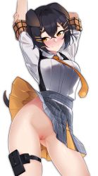 Rule 34 | 1girl, absurdres, animal ears, arknights, arms up, black hair, blush, breasts, brown eyes, cleft of venus, commentary, cowboy shot, grey skirt, head tilt, highres, jackie (arknights), looking at viewer, medium breasts, miniskirt, necktie, no panties, pouch, pussy, shirt, short hair, short sleeves, simple background, skirt, smile, solo, standing, thigh strap, thighs, uncensored, white background, white shirt, yellow necktie, z.taiga