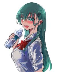 Rule 34 | 1girl, agtt25333, aqua eyes, aqua hair, blush, bottle, bow, bowtie, breasts, collared shirt, hair between eyes, hair ornament, hair over shoulder, hairclip, highres, holding, holding bottle, kantai collection, long hair, loose bowtie, medium breasts, no jacket, open mouth, red bow, red bowtie, round teeth, shirt, short sleeves, smile, solo, suzuya (kancolle), sweat, teeth, upper body, water, white shirt