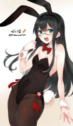 Rule 34 | 1girl, alternate costume, animal ears, black hair, black leotard, blue eyes, bow, bowtie, breasts, brown pantyhose, detached collar, fake animal ears, glasses, kantai collection, leotard, long hair, looking at viewer, ooyodo (kancolle), open mouth, pantyhose, playboy bunny, rabbit ears, rabbit tail, red bow, red bowtie, semi-rimless eyewear, simple background, small breasts, smile, solo, strapless, strapless leotard, super zombie, tail, teeth, under-rim eyewear, upper teeth only, white background, wrist cuffs