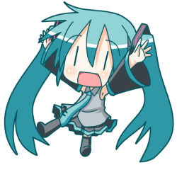 Rule 34 | \o/, aqua hair, arms up, blush, boots, chibi, chibi miku, detached sleeves, hatsune miku, long hair, minami (colorful palette), necktie, open mouth, outstretched arms, skirt, solo, thighhighs, twintails, very long hair, vocaloid, | |