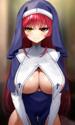 Rule 34 | 1girl, absurdres, blue dress, blurry, breast curtains, breasts, cleavage, closed mouth, depth of field, dress, habit, heterochromia, highres, hololive, houshou marine, houshou marine (nun), large breasts, long hair, long sleeves, looking at viewer, mole, mole on breast, no bra, no panties, nun, pelvic curtain, red eyes, red hair, sbgu, smile, solo, upper body, veil, virtual youtuber, yellow eyes