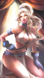 Rule 34 | 1girl, bare shoulders, blue gloves, blue ribbon, breasts, cleavage, collarbone, curtains, dress, gensou suikoden, gensou suikoden iv, gloves, grey eyes, highres, jeane (suikoden), kneeling, la-sera, large breasts, long hair, looking at viewer, o-ring, o-ring top, ponytail, revealing clothes, ribbon, silver hair, solo, very long hair, white dress