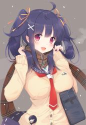 Rule 34 | 10s, 1girl, :d, ahoge, alternate costume, alternate hairstyle, black skirt, blue hair, blunt bangs, blush, breasts, cardigan, hair ornament, hair ribbon, highres, kagerou (shadowmage), kantai collection, large breasts, long hair, neckerchief, open mouth, plaid, plaid scarf, purple eyes, ribbon, scarf, school uniform, serafuku, sidelocks, skirt, smile, solo, taigei (kancolle), twintails, twintails day, upper body, whale ornament, x hair ornament, yellow ribbon
