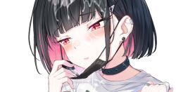Rule 34 | 1girl, aroused, black choker, black hair, blue archive, blunt bangs, blunt ends, blush, bob cut, choker, close-up, coffeekite, colored inner hair, commentary request, cum, cum on hair, ear piercing, earrings, facial, food-themed hair ornament, hair ornament, half-closed eyes, hand up, ice cream hair ornament, jewelry, kazusa (blue archive), lifted by self, looking to the side, mask, mask pull, mouth mask, multicolored hair, open mouth, paid reward available, piercing, pink hair, raised eyebrows, red eyes, shirt, short hair, simple background, slit pupils, solo, stud earrings, white background, white shirt