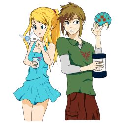 Rule 34 | 1boy, 1girl, absurdres, adapted costume, alternate costume, aqua dress, archymedius, bare arms, bare legs, bare shoulders, blonde hair, blue eyes, bottle, brown hair, brown pants, clenched teeth, dress, earrings, elf, fairy, green shirt, grin, hand up, highres, holding, holding bottle, jewelry, legs, link, long hair, long sleeves, looking at another, metroid, metroid (creature), neck, nintendo, open mouth, pants, pointy ears, ponytail, samus aran, shirt, short dress, short hair, short sleeves, side-by-side, simple background, sleeveless, sleeveless dress, smile, standing, super smash bros., teeth, the legend of zelda, the legend of zelda: twilight princess, white background