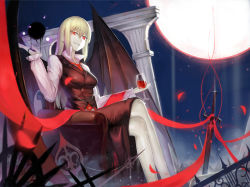 Rule 34 | 1girl, adapted costume, aged up, armor, bat wings, blonde hair, boots, breasts, crossed legs, cupping glass, darkness, demon wings, ex-rumia, fang, female focus, glass, grin, highres, horns, keli bang, long hair, long sleeves, moon, necktie, night, open mouth, red eyes, red moon, red necktie, ribbon, rumia, short hair, sidelocks, sitting, smile, smirk, solo, sword, thighhighs, touhou, very long hair, weapon, wings