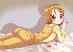 Rule 34 | 10s, 1girl, ass, blush, brown eyes, brown hair, happinesscharge precure!, lying, niizuka (c-drop), on stomach, oomori yuuko, overalls, precure, short hair, smile, solo