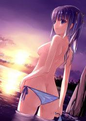 Rule 34 | 1girl, ass, bikini, unworn bikini top, breasts, butt crack, cowboy shot, from behind, hair ribbon, kakuno, long hair, looking at viewer, looking back, nipples, original, outdoors, partially submerged, purple eyes, purple hair, ribbon, side-tie bikini bottom, small breasts, smile, solo, sunset, swimsuit, tan, tanline, topless, twintails, wading, water, wet