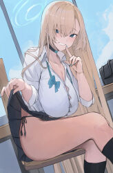 Rule 34 | 1girl, asuna (blue archive), asymmetrical bangs, black panties, black skirt, black socks, blue archive, bowtie, breasts, button gap, classroom, cleavage, clothes lift, collarbone, commentary, earrings, feet out of frame, finger to mouth, fingernails, halo, highres, huge breasts, indoors, jewelry, kneehighs, lifted by self, light brown hair, long hair, looking at viewer, looking to the side, nail polish, open collar, panties, pleated skirt, ref (pmxt4483), sagging breasts, school uniform, shirt, side-tie panties, sitting, skirt, skirt lift, socks, solo, straight hair, stud earrings, thighs, underwear, undone bowtie, very long hair, white shirt