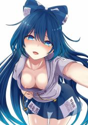 Rule 34 | 1girl, amisu, blue bow, blue eyes, blue hair, blue skirt, blue theme, blush, bow, bracelet, breasts, debt, downblouse, drawstring, hair bow, head tilt, hood, hood down, hoodie, jewelry, leaning forward, long hair, looking at viewer, medium breasts, miniskirt, nipples, no bra, open mouth, panties, reaching, reaching towards viewer, see-through, simple background, skirt, solo, touhou, underwear, very long hair, white background, yorigami shion