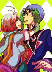 Rule 34 | 1boy, 1girl, 9wa, argyle, argyle background, argyle clothes, bad id, bad pixiv id, blue hair, blue shirt, glasses, holding, holding removed eyewear, hubert ozwell, multicolored hair, pascal (tales), red hair, scarf, shirt, tales of (series), tales of graces, unworn eyewear, white hair