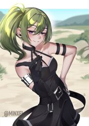 Rule 34 | 1girl, absurdres, bare shoulders, belt, black dress, black gloves, blush, dress, gloves, green hair, grin, hair between eyes, hand on own hip, highres, long hair, looking at viewer, minxei, outdoors, purple eyes, side ponytail, single glove, smile, solo, sousou no frieren, ubel (sousou no frieren)