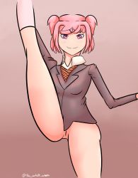 Rule 34 | 1girl, arm up, artist name, ass, blazer, blush, bottomless, breasts, closed mouth, cowboy shot, doki doki literature club, female focus, grey jacket, hair ornament, hairclip, heart, heart-shaped pupils, highres, jacket, kneehighs, leg lift, leg up, legs, looking at viewer, natsuki (doki doki literature club), no panties, orange vest, pink eyes, pink hair, pussy, school uniform, short hair, short twintails, simple background, small breasts, smile, socks, solo, split, standing, standing on one leg, standing split, symbol-shaped pupils, theartistaurora, thighs, twintails, twitter username, vest, white socks, wing collar