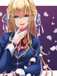 Rule 34 | 1girl, blonde hair, blue jacket, bow, braid, commentary, eyelashes, eyes visible through hair, falling petals, french braid, green eyes, hair between eyes, hair ribbon, hand up, heaven burns red, highres, jacket, long hair, looking at viewer, open mouth, petals, purple background, red bow, ribbon, ririi (ai-my talikng), round teeth, school uniform, simple background, smile, solo, straight hair, teeth, toujou tsukasa, tsurime, upper body, upper teeth only, very long hair, white ribbon