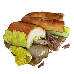 Rule 34 | bread, bread bun, food, food focus, lettuce, meat, no humans, onion, original, pastry, pork, realistic, simple background, still life, studiolg, vegetable, white background