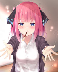 Rule 34 | 1girl, black cardigan, black ribbon, blue eyes, blunt bangs, blush, breasts, butterfly hair ornament, cardigan, food, go-toubun no hanayome, hair ornament, highres, indoors, large breasts, looking at viewer, nakano nino, open cardigan, open clothes, outstretched arms, pink hair, pocky, pocky day, pocky kiss, ribbon, shared food, shirt, twintails, umineco 1, white shirt