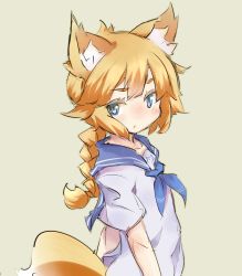 Rule 34 | 1girl, animal ears, blonde hair, blue eyes, blue sailor collar, braid, fox ears, fox tail, from side, looking at viewer, looking to the side, original, sailor collar, shirt, simple background, solo, t-shirt, tail, tomcat (moconeko), upper body, yellow background