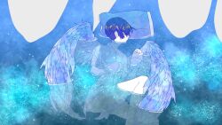 Rule 34 | 1other, alternate costume, androgynous, angel wings, bad source, blue eyes, highres, houseki no kuni, long sleeves, open clothes, open shirt, phosphophyllite, phosphophyllite (ll), shirokuko, short hair, sleeping, solo, water background, wings