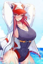 Rule 34 | 1girl, arms up, artist name, blue sky, breasts, cleavage, dated, demon girl, guardian tales, hat, heart, highres, horns, jacket, kitsunoko, large breasts, lifeguard yuze, looking at viewer, medium hair, one-piece swimsuit, one eye closed, open clothes, open jacket, outdoors, pink eyes, red hair, sky, solo, swimsuit, water