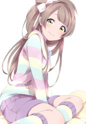 Rule 34 | 10s, 1girl, between legs, bow, brown eyes, brown hair, grey hair, hair bow, hand between legs, highres, long hair, long sleeves, looking at viewer, love live!, love live! school idol festival, love live! school idol project, minami kotori, one side up, sekina, shirt, short hair, side ponytail, simple background, sitting, smile, socks, solo, striped clothes, striped legwear, striped shirt, striped socks, white background, wide-eyed, yellow eyes